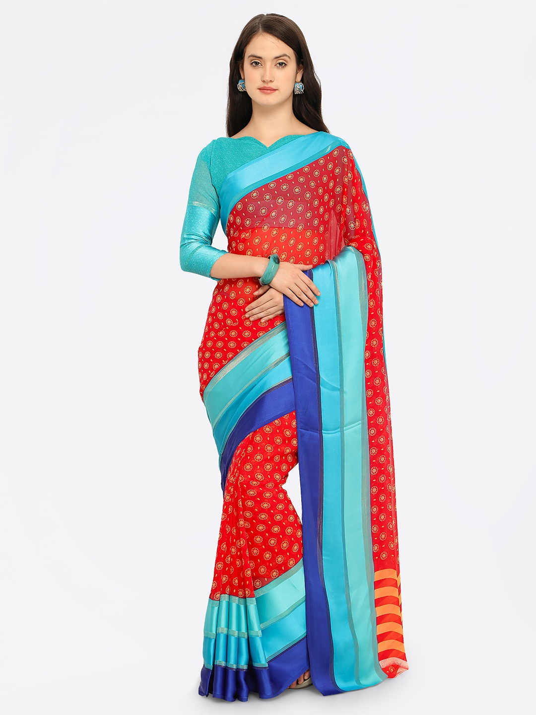 Mitera Red & Blue Satin Printed Saree