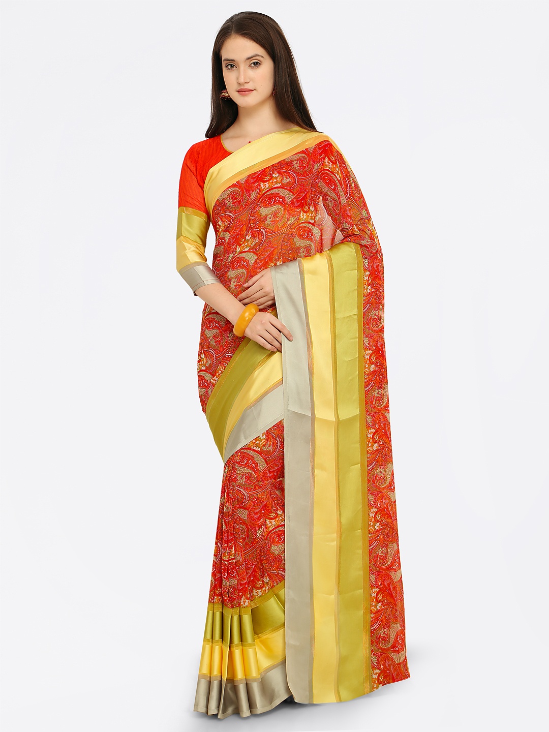 Mitera Red & Yellow Satin Printed Saree