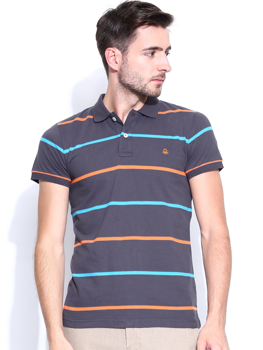 United Colors of Benetton Men Purple Striped Polo Pure Cotton T-shirt