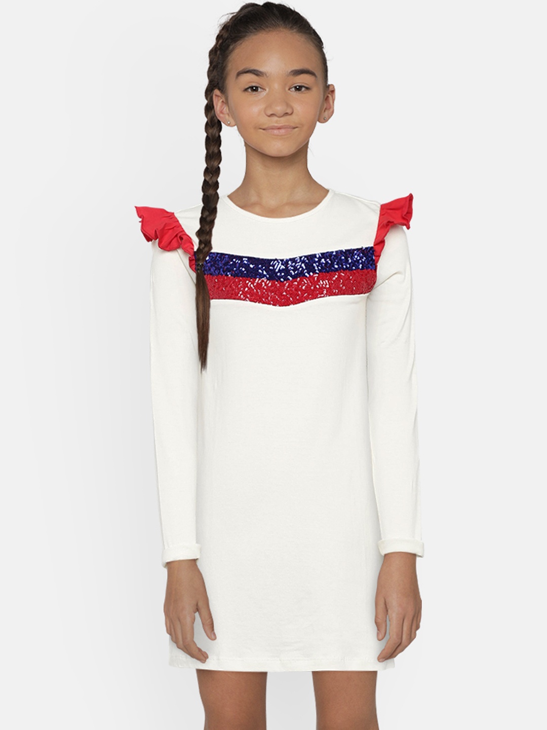 United Colors of Benetton Girls Off-White & Red Striped Detail A-Line Dress