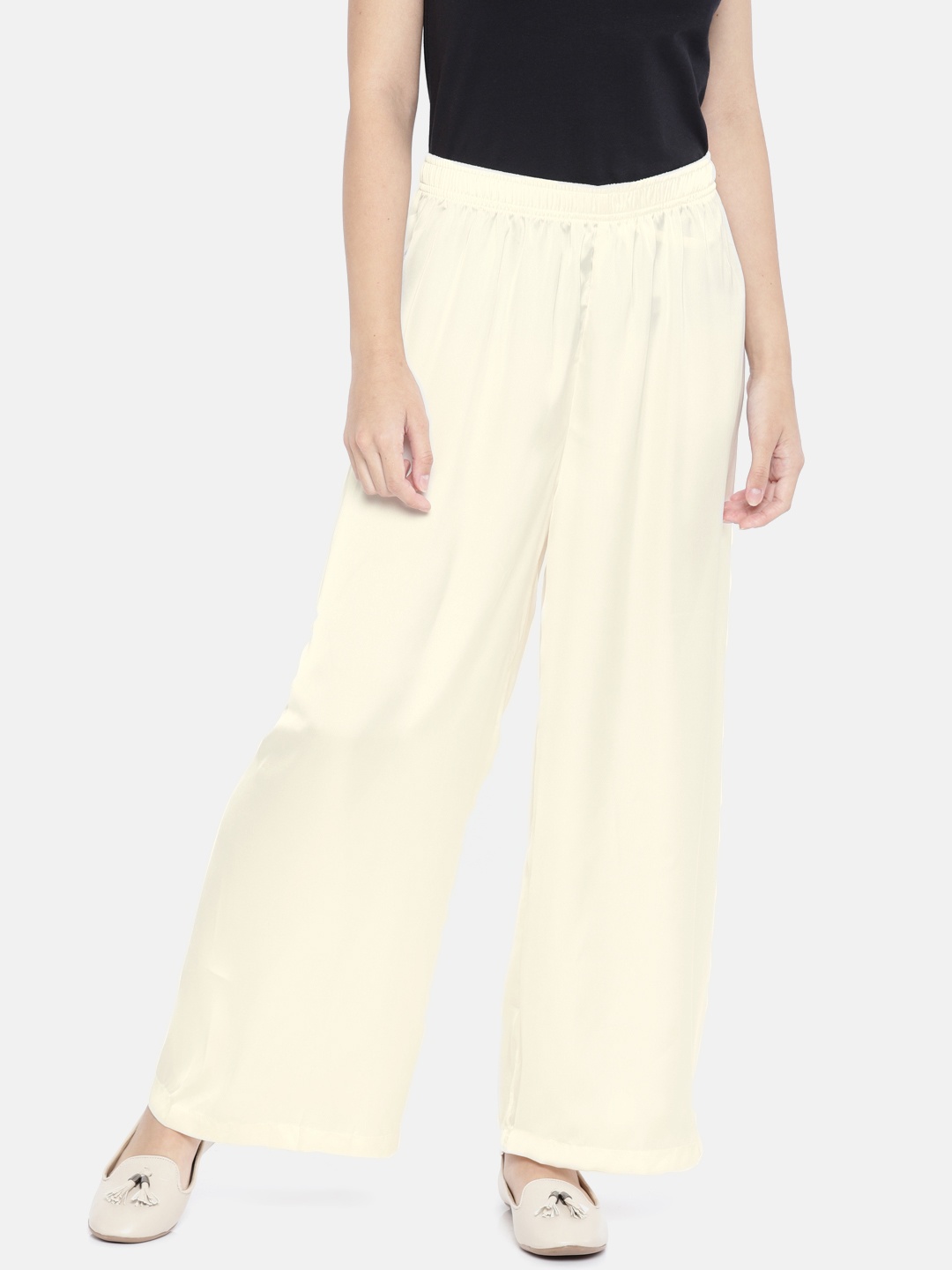 Go Colors Women Cream-Coloured Solid Wide Leg Shiny Palazzos