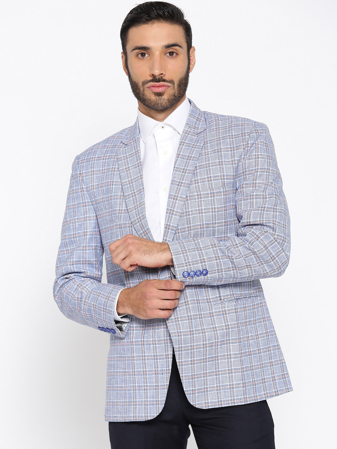 Shaftesbury London Blue & White Checked Regular Fit Single-Breasted Semiformal Blazer
Shaftesbury London Blue & White Checked Regular Fit Single-Breasted Semiformal Blazer