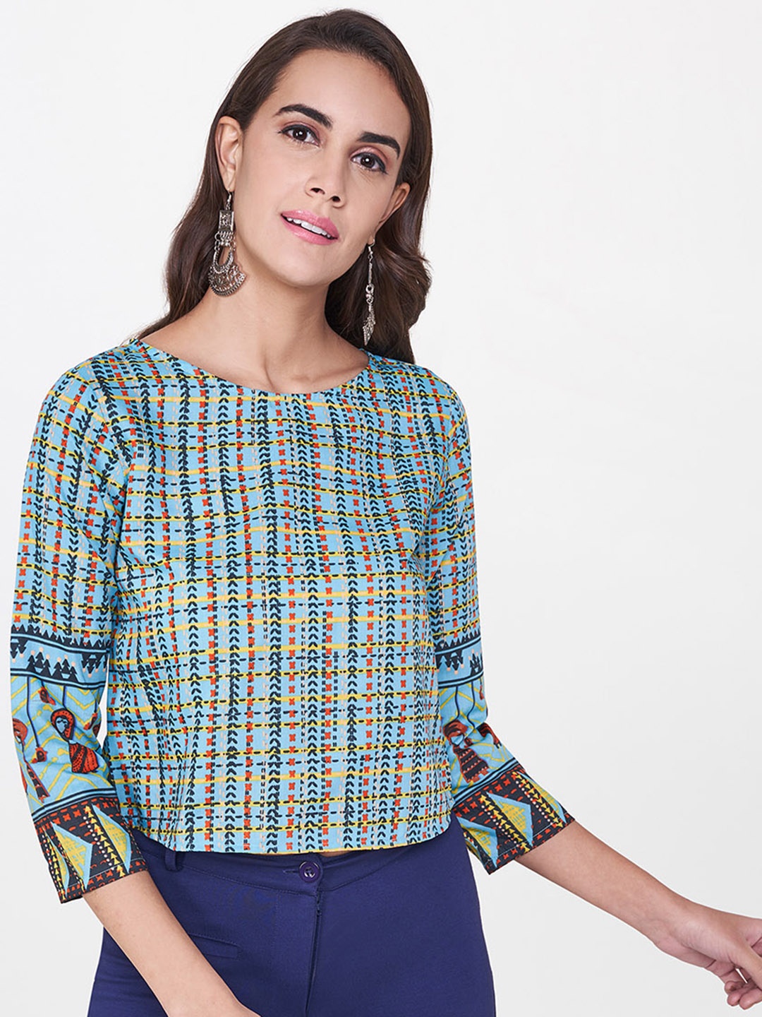 Global Desi Women Blue Printed Top