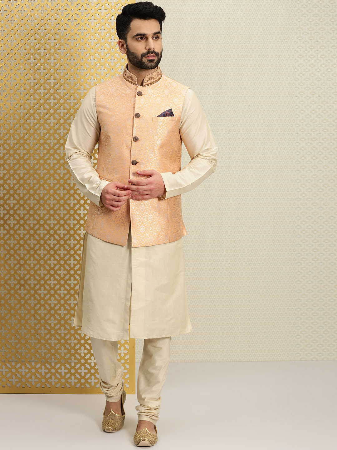 House of Pataudi Men Pastel-Orange Embroidered Nehru Jacket & Beige Kurta with Churidar
House of Pataudi Men Pastel-Orange Embroidered Nehru Jacket & Beige Kurta with Churidar