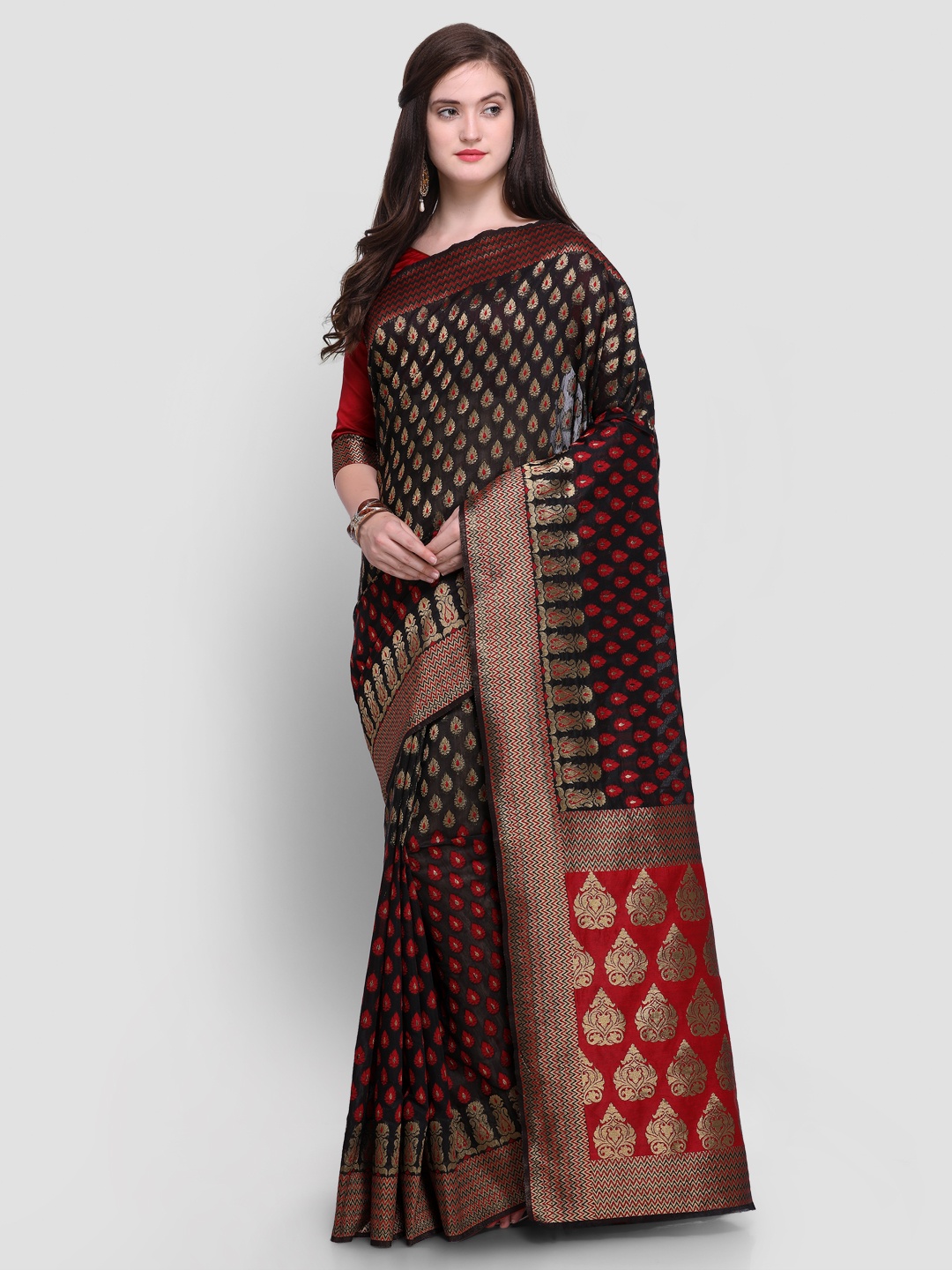 Shaily Black & Red Woven Design Kanjeevaram Saree