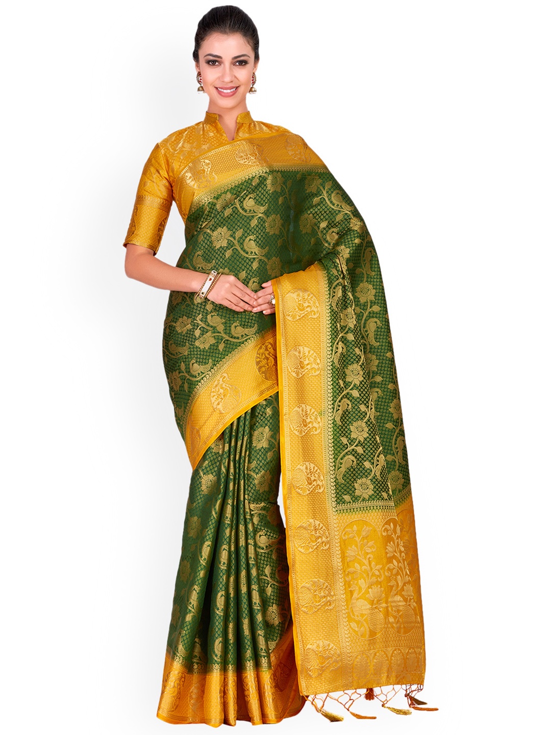 MIMOSA Green & Mustard Yellow Woven Design Kanjeevaram Saree