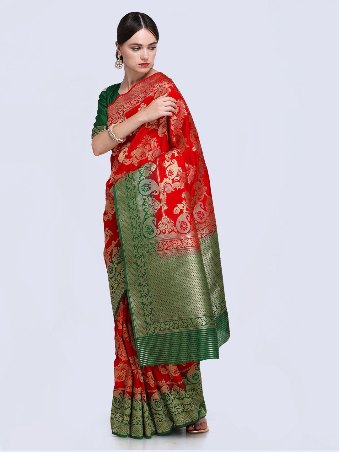 Saree mall Red & Green Silk Blend Woven Design Kanjeevaram Saree
