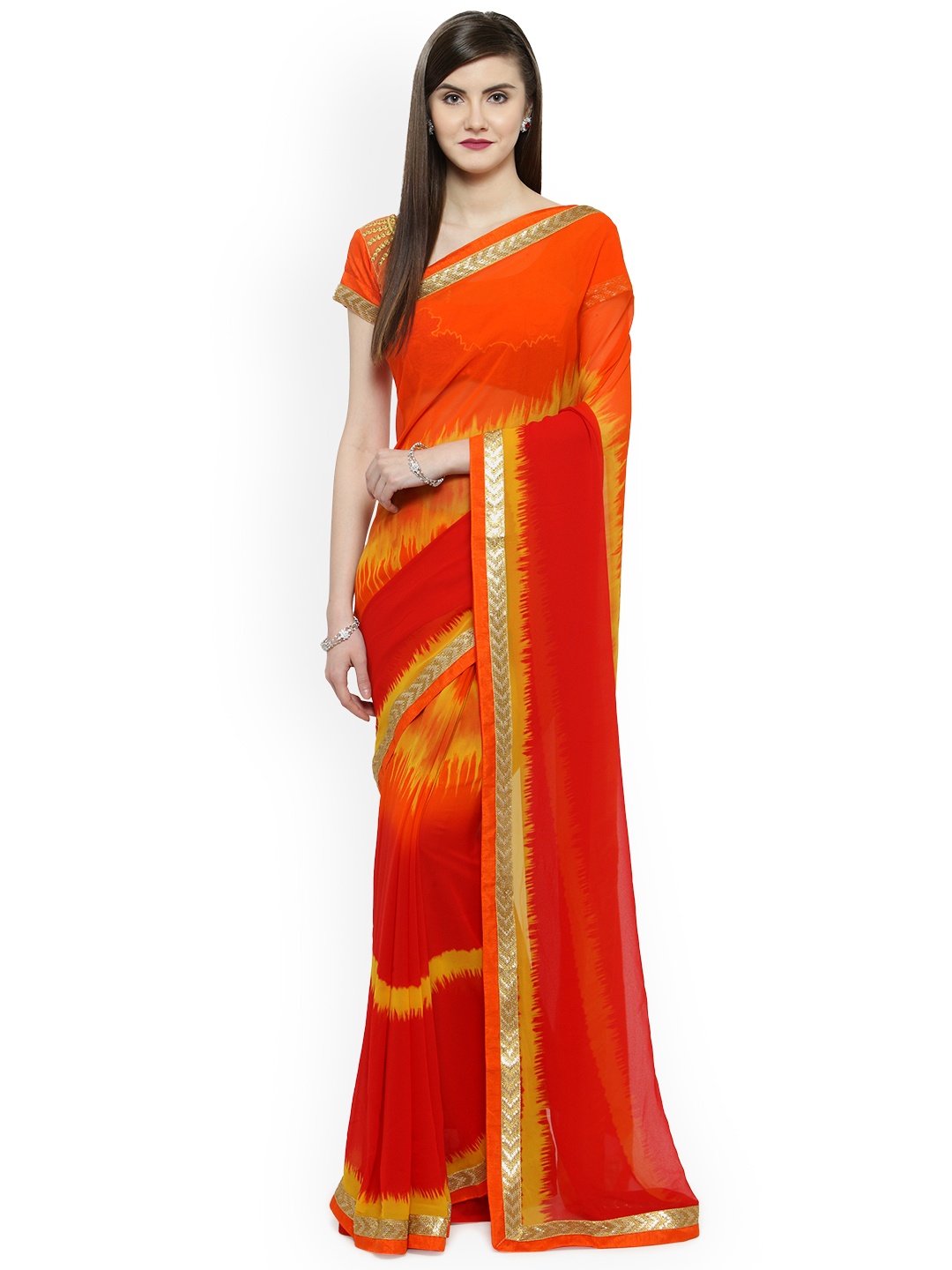 Shaily Red & Orange Pure Georgette Printed Saree