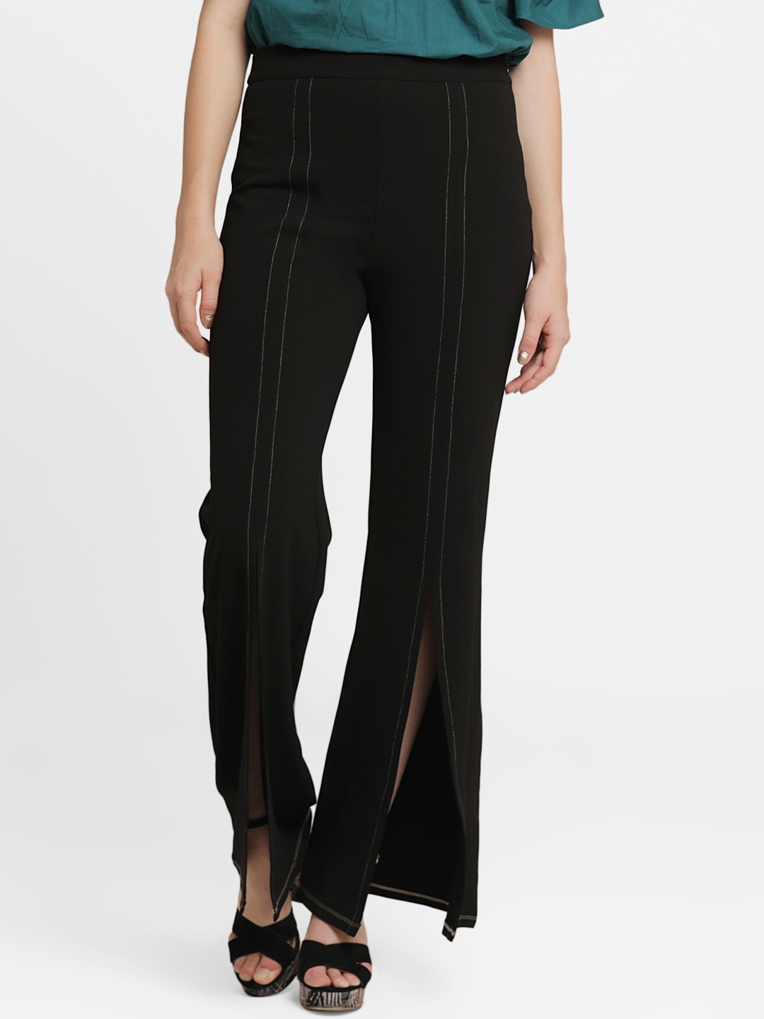 Kazo Women Black Regular Fit Solid Parallel Trousers