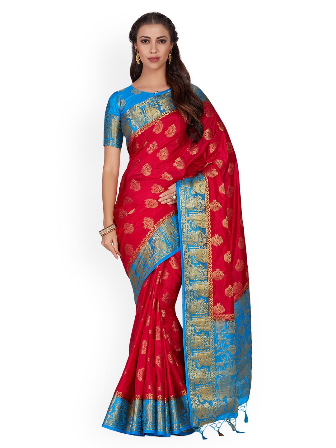 MIMOSA Red & Blue Woven Design Kanjeevaram Saree