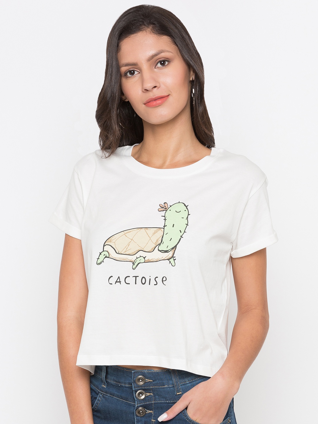 Globus Women Off-White Printed Round Neck T-shirt