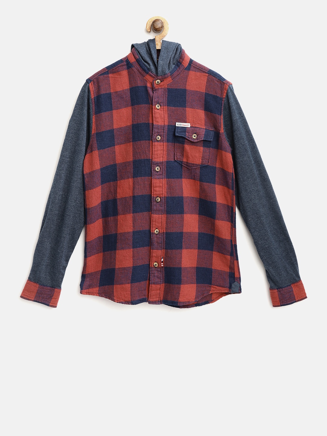 U.S. Polo Assn. Kids Boys Rust Red & Navy Blue Regular Fit Checked Hooded Casual Shirt
U.S. Polo Assn. Kids Boys Rust Red & Navy Blue Regular Fit Checked Hooded Casual Shirt