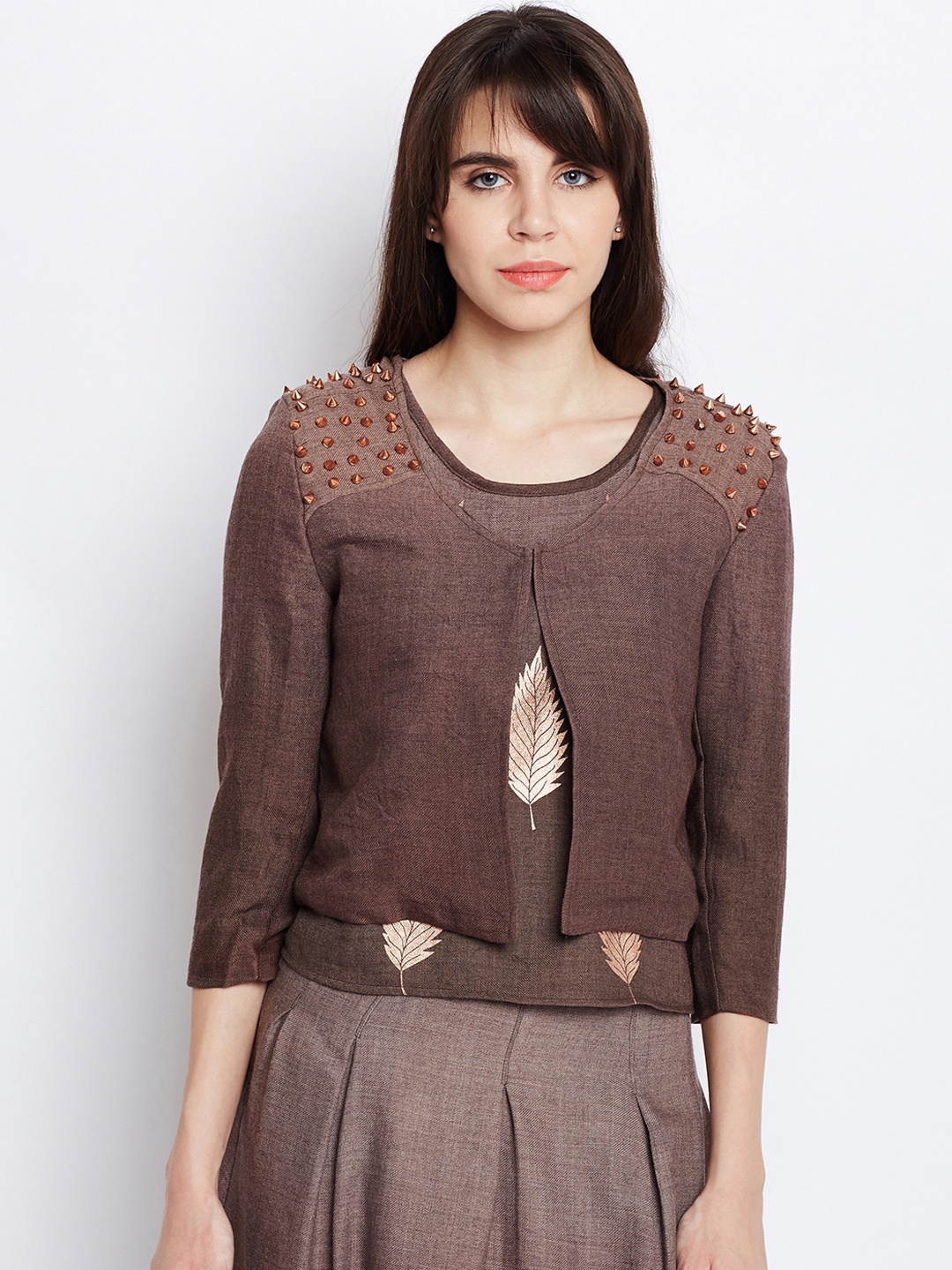 Oxolloxo Women Brown Studded Tailored Jacket