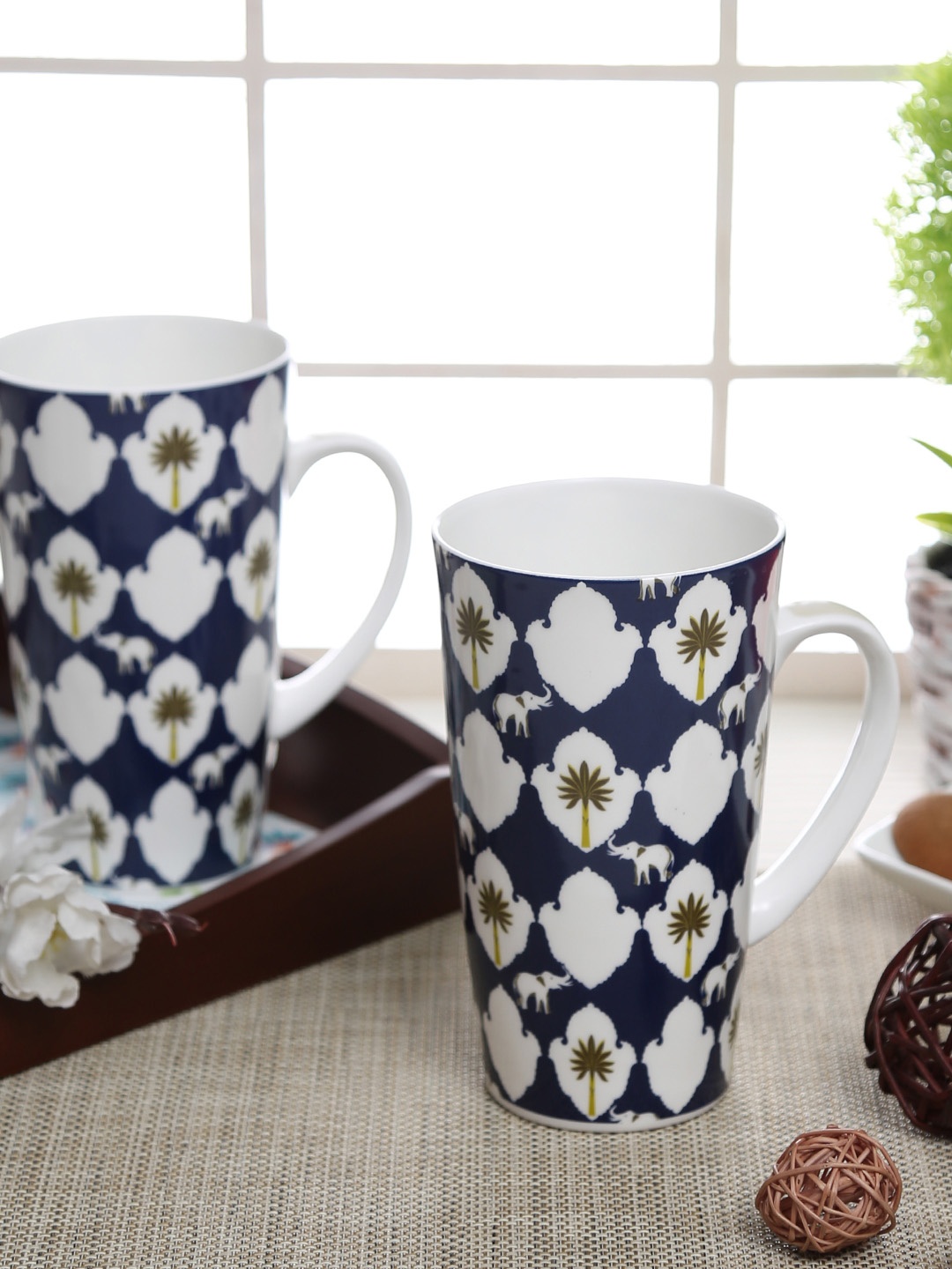 India Circus Set of 2 Blue Printed Cups Bone China Set