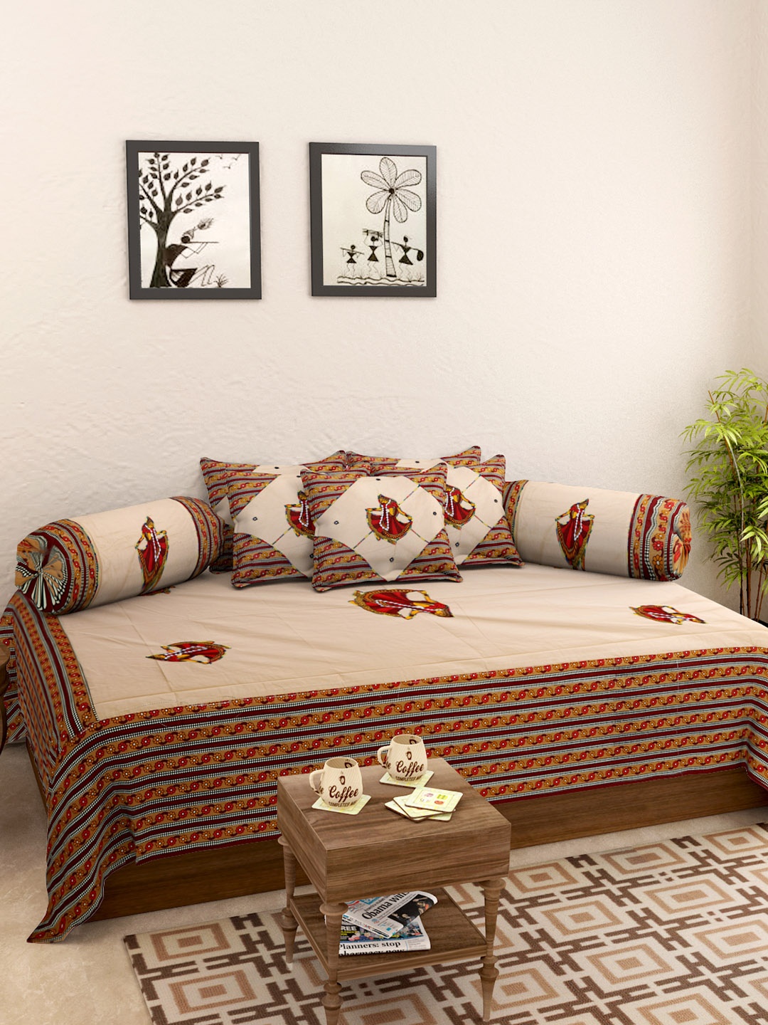 Rajasthan Decor Beige & Brown Printed Diwan Set