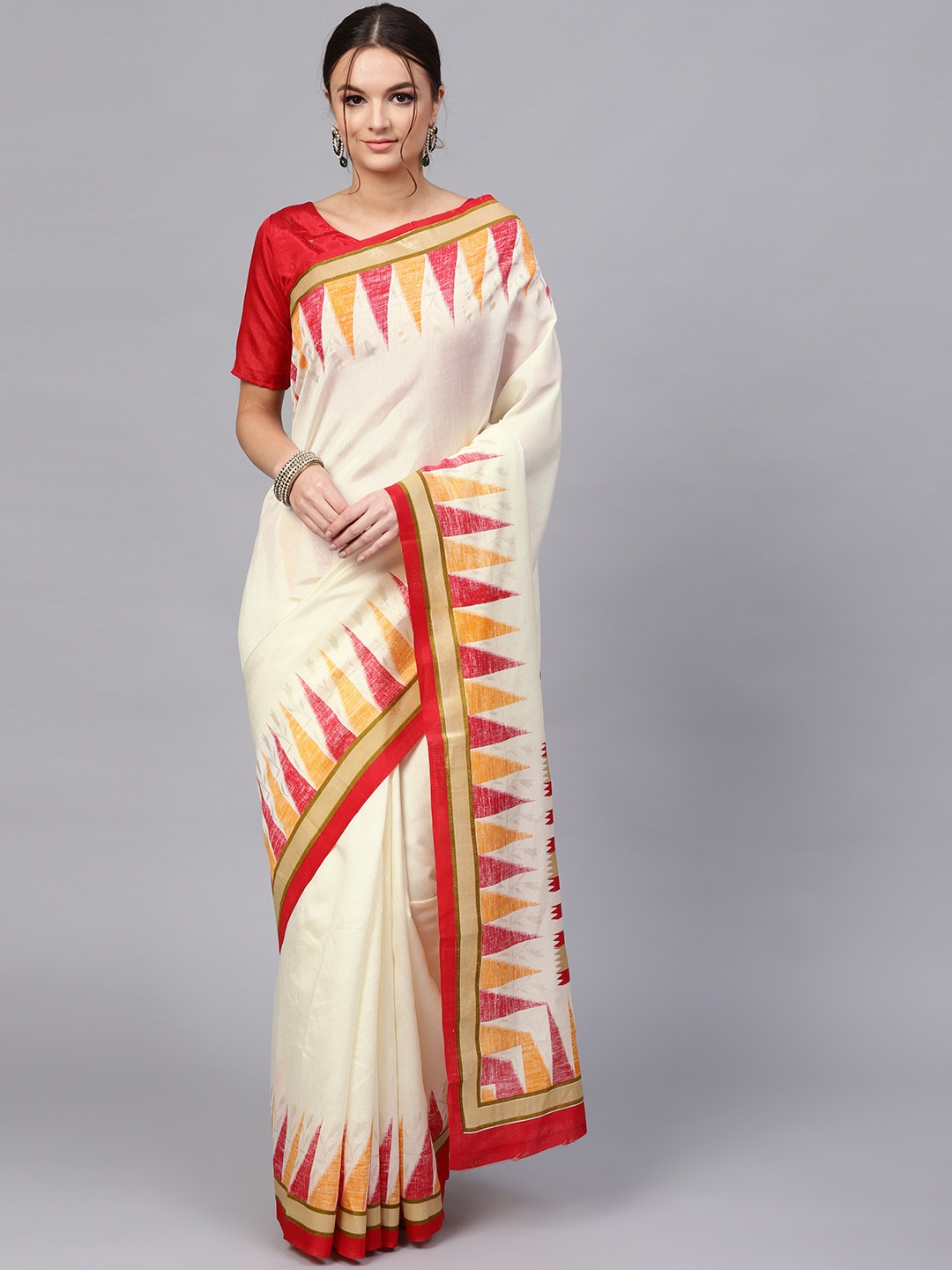 Saree mall Cream-Coloured & Red Printed Kasavu Saree