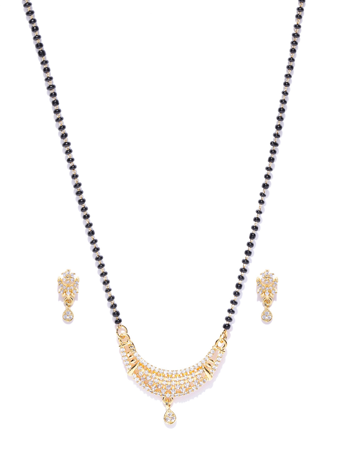 Priyaasi Black Gold-Plated Beaded American Diamond-Studded Mangalsutra with Earrings Set
Priyaasi Black Gold-Plated Beaded American Diamond-Studded Mangalsutra with Earrings Set