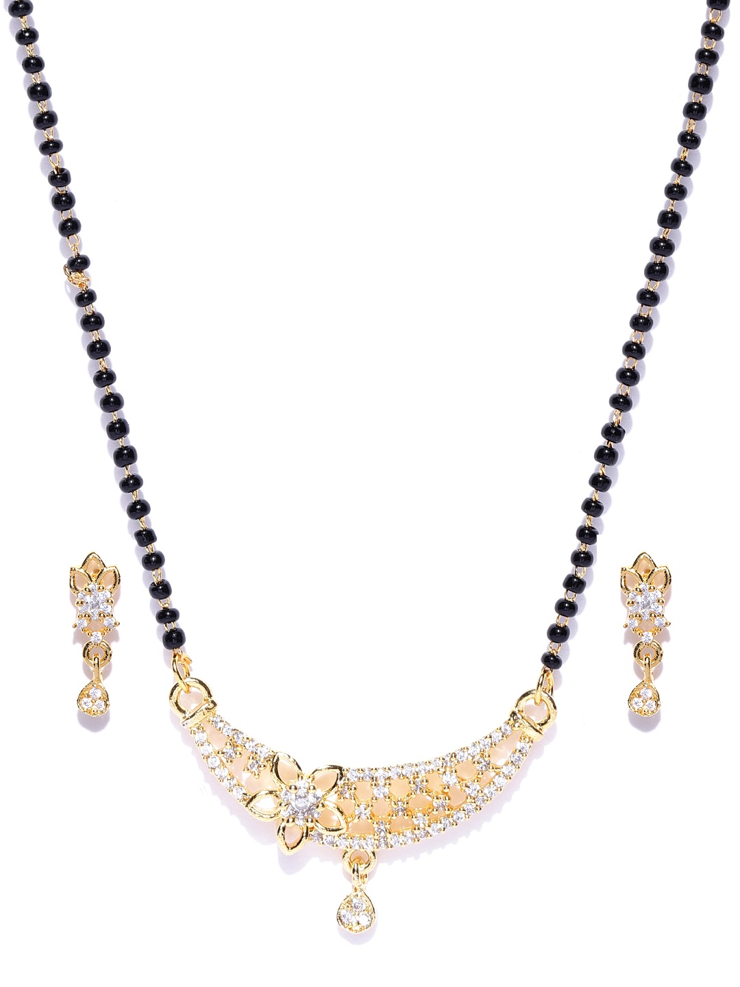 Priyaasi Black Gold-Plated Beaded American Diamond-Studded Mangalsutra with Earrings Set
Priyaasi Black Gold-Plated Beaded American Diamond-Studded Mangalsutra with Earrings Set