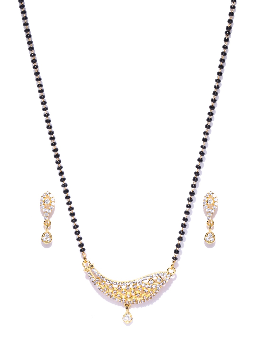 Priyaasi Black Gold-Plated Beaded American Diamond-Studded Mangalsutra with Earrings Set
Priyaasi Black Gold-Plated Beaded American Diamond-Studded Mangalsutra with Earrings Set