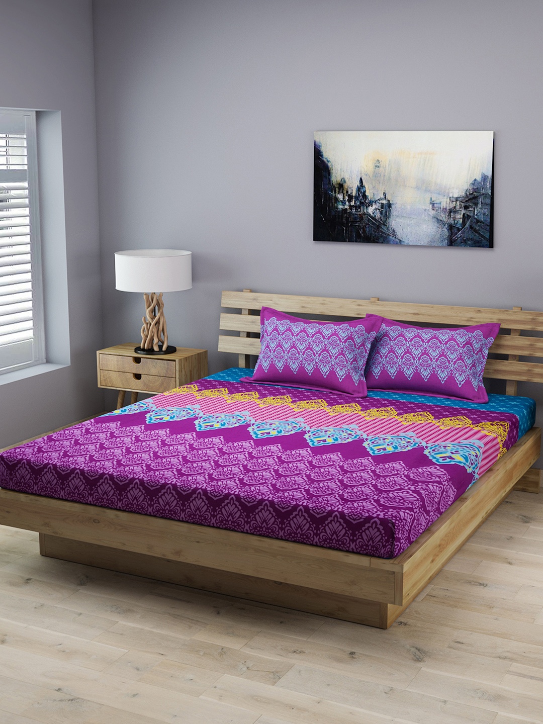 ROMEE Purple Ethnic Motifs Fitted and Flat 210 TC Cotton 1 King Bedsheet with 2 Pillow Covers
ROMEE Purple Ethnic Motifs Fitted and Flat 210 TC Cotton 1 King Bedsheet with 2 Pillow Covers