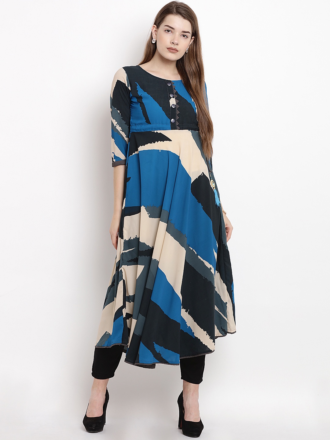 Yuris Women Blue & Black Printed Anarkali Kurta