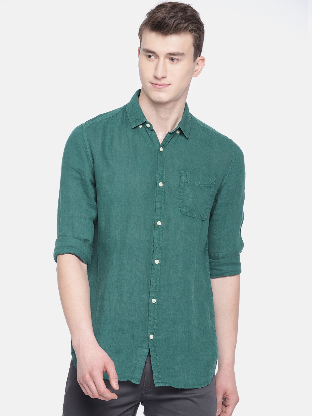 Jack & Jones Men Green Slim Fit Solid Casual Shirt