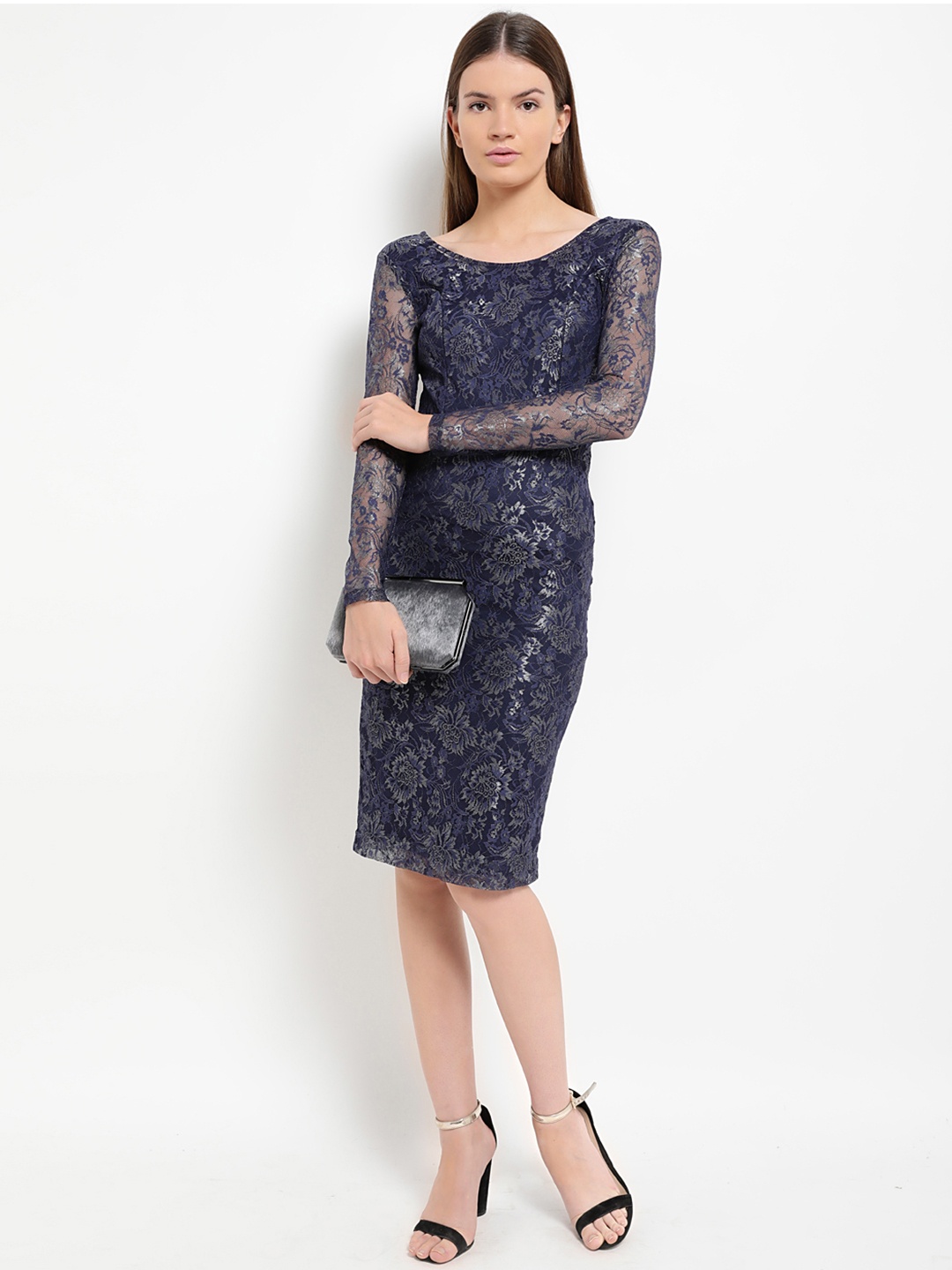 Kazo Women Navy Blue Printed Sheath Dress