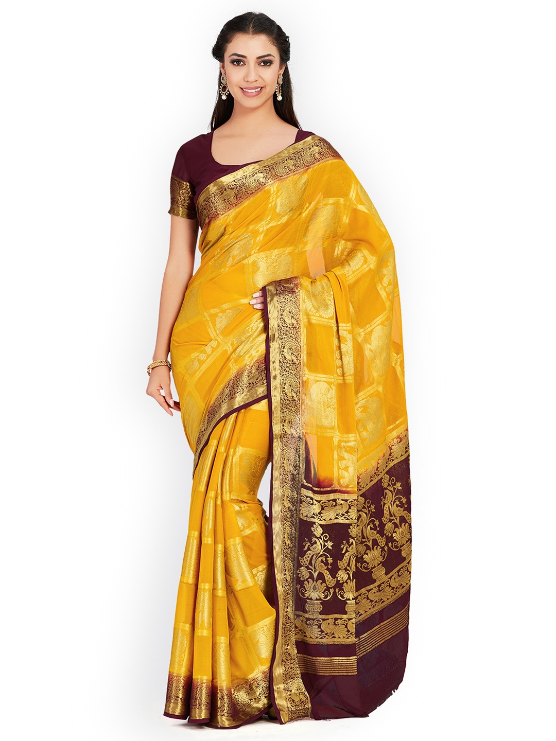 MIMOSA Yellow Poly Chiffon Woven Design Kanjeevaram Saree