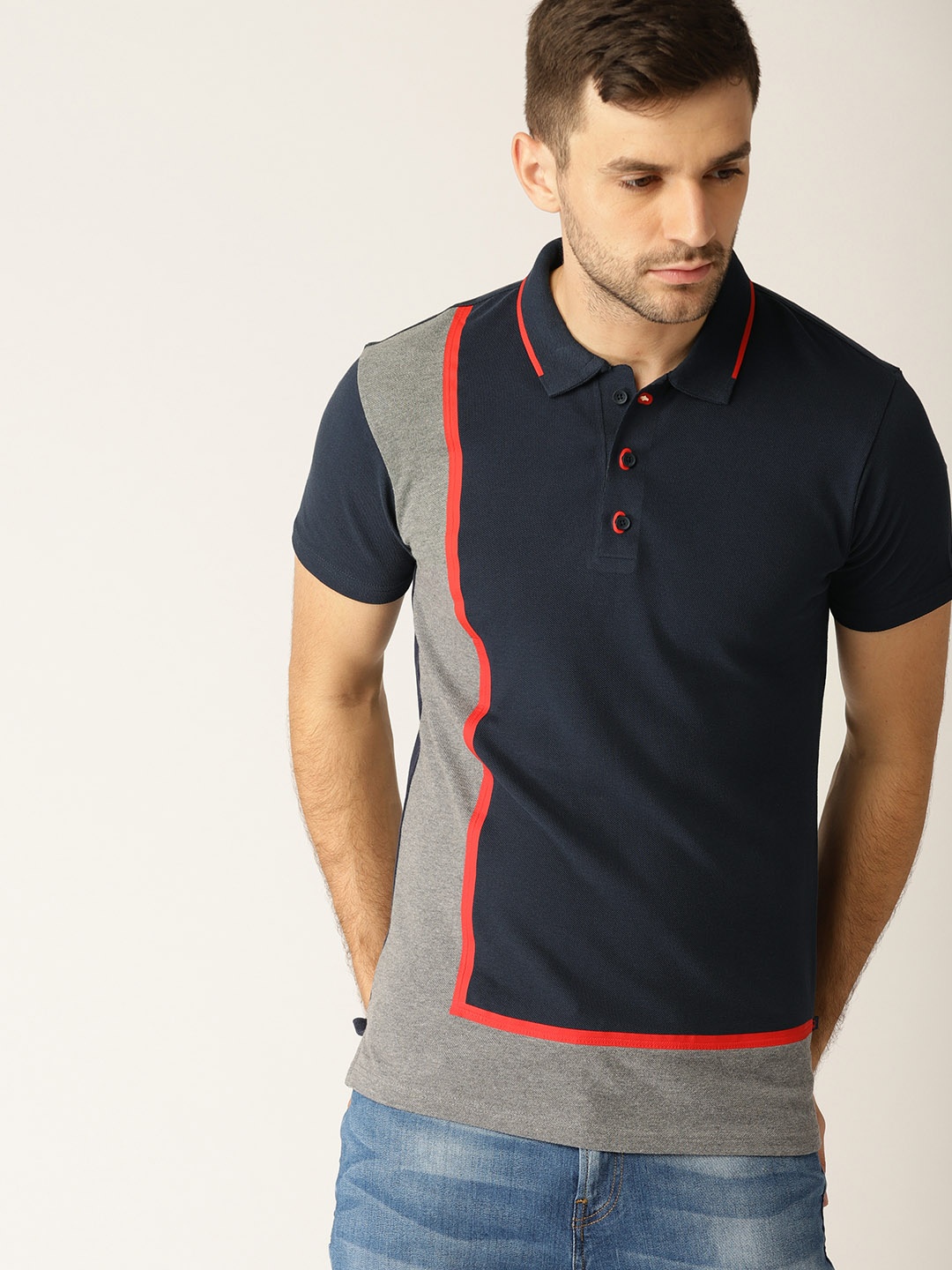 United Colors of Benetton Men Navy Blue & Grey Melange Colourblocked Polo T-shirt