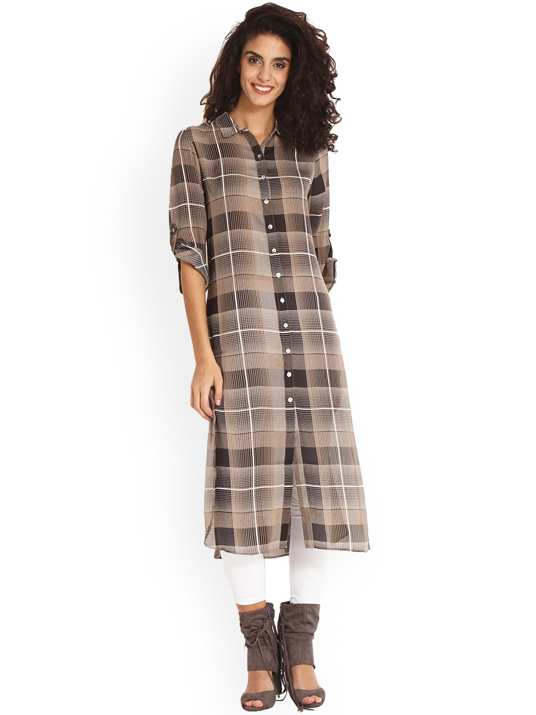 Gipsy Women Black & Brown Checked Shirt Style Tunic