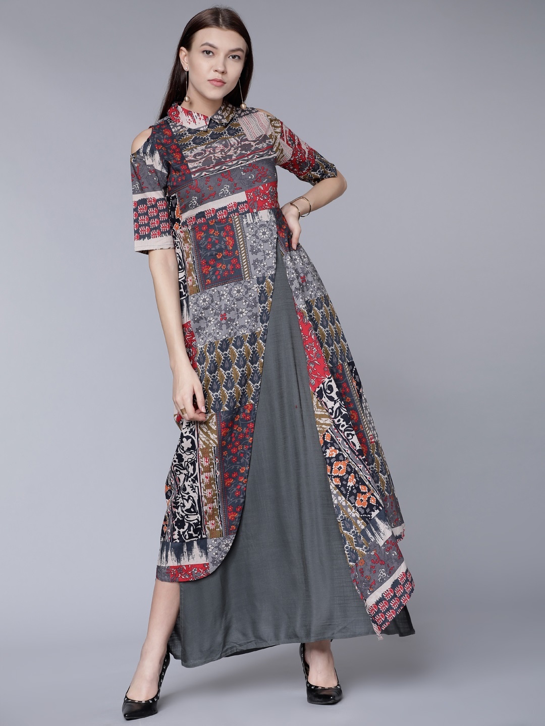 Vishudh Women Grey & Red Printed A-Line Kurta