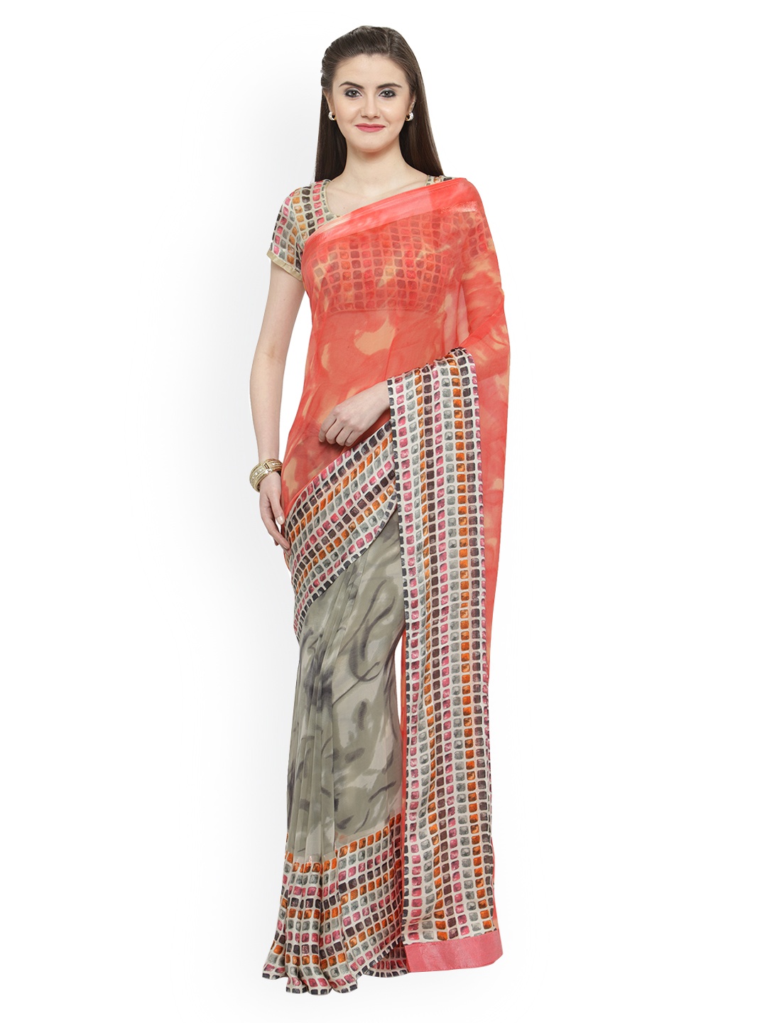 Shaily Coral Red Printed Pure Silk Saree