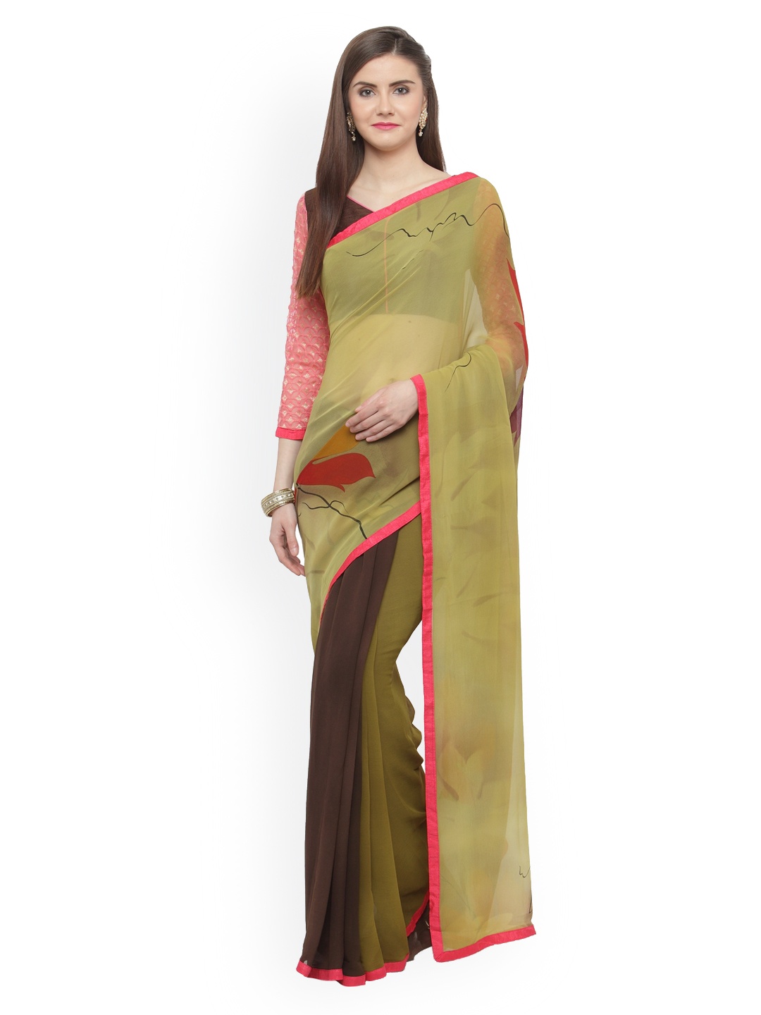 Shaily Olive Green Printed Pure Georgette Saree
