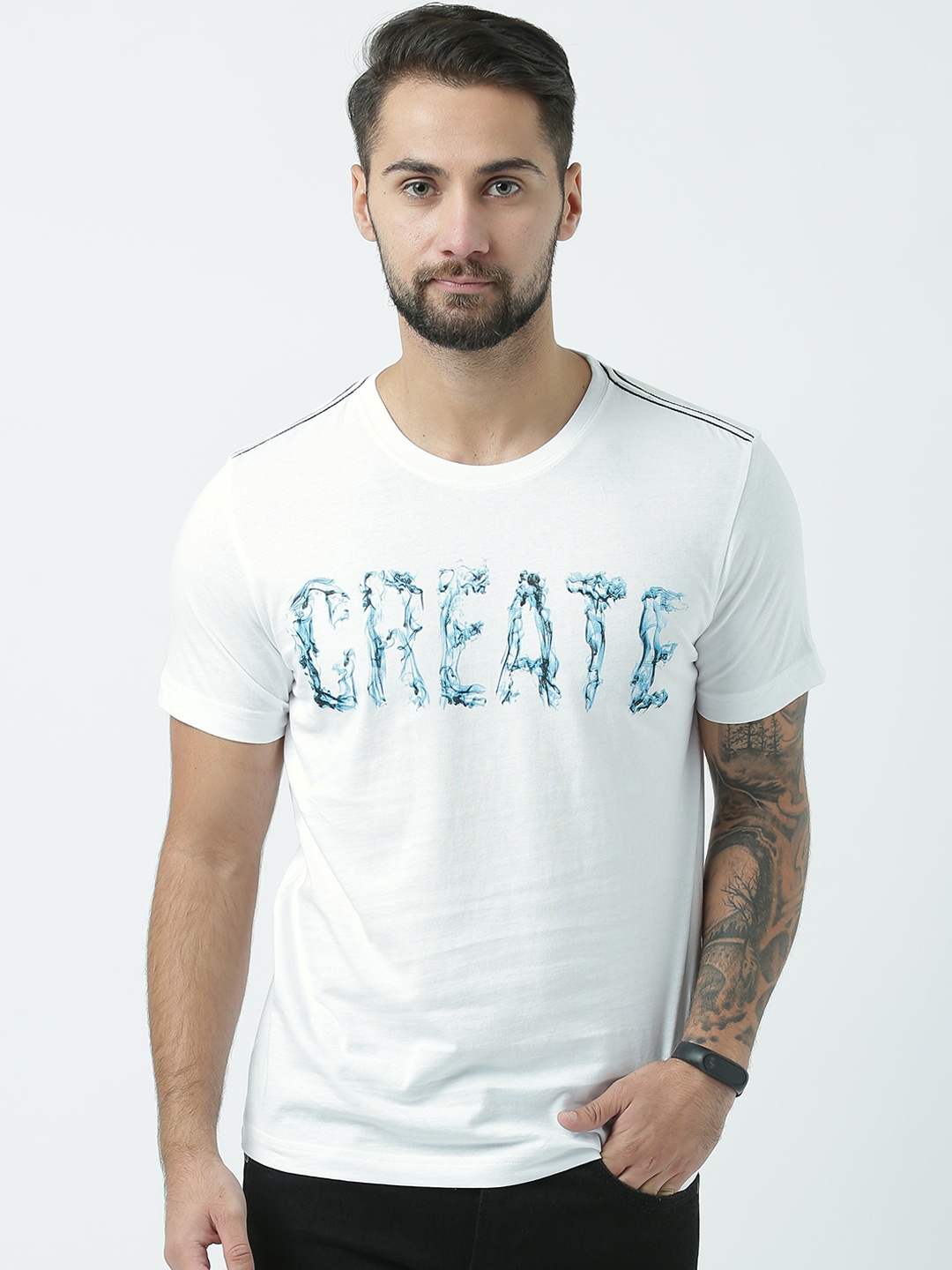 Huetrap Men White Printed Round Neck T-shirt