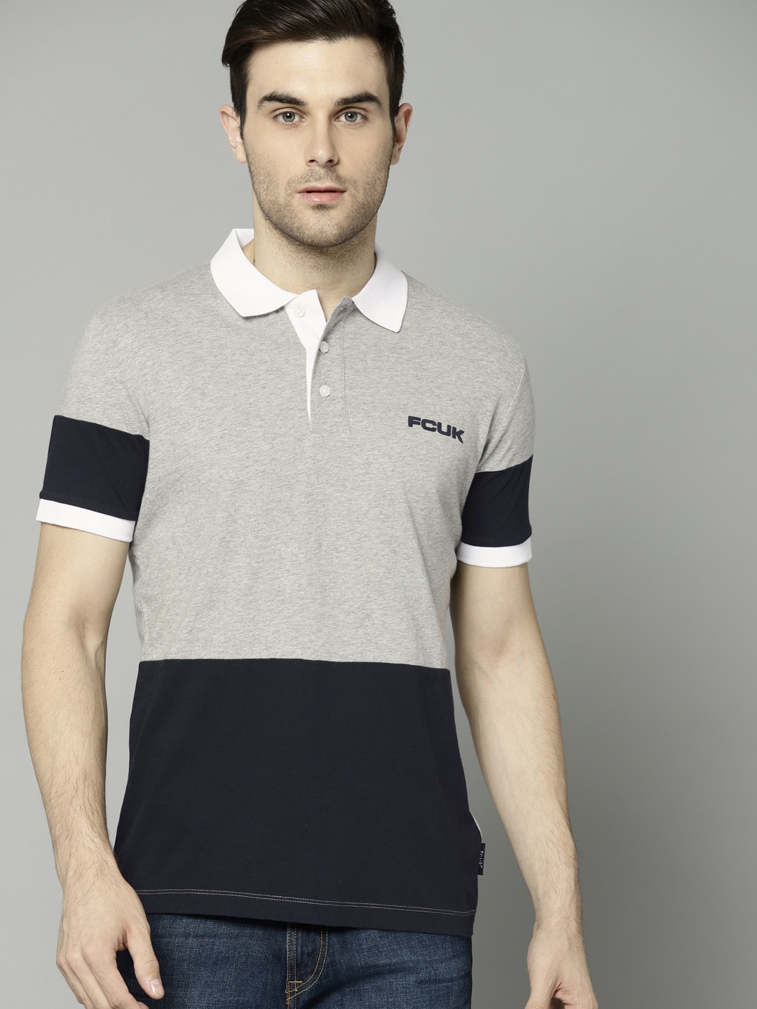 French Connection Men Grey Melange Navy Colourblocked Slim Fit Polo Collar Pure Cotton T-shirt
French Connection Men Grey Melange Navy Colourblocked Slim Fit Polo Collar Pure Cotton T-shirt