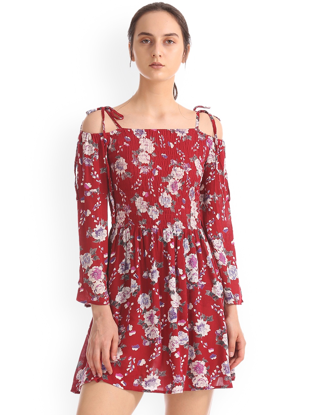 Aeropostale Women Red Floral Print Fit and Flare Dress