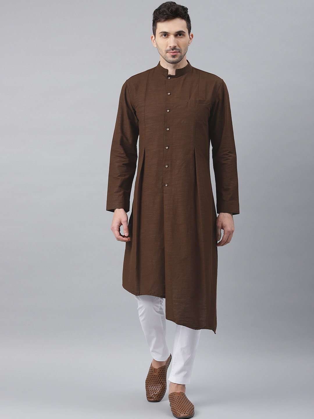 Freehand Men Brown Solid Straight Kurta
