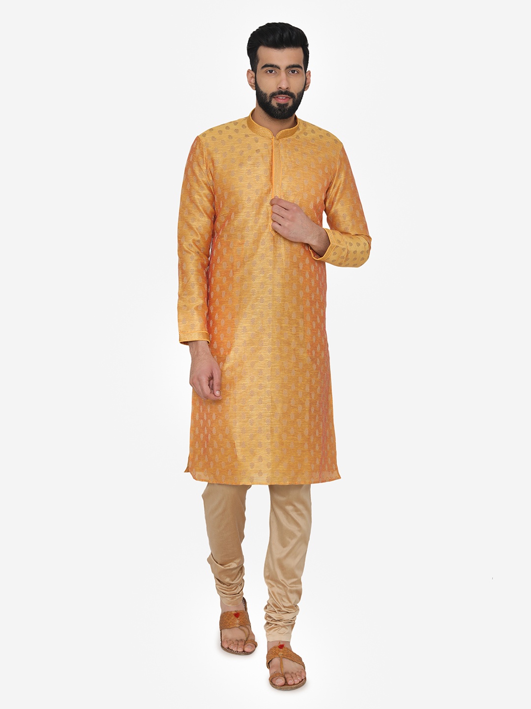 Manyavar Men Yellow & Brown Printed Kurta with Churidar