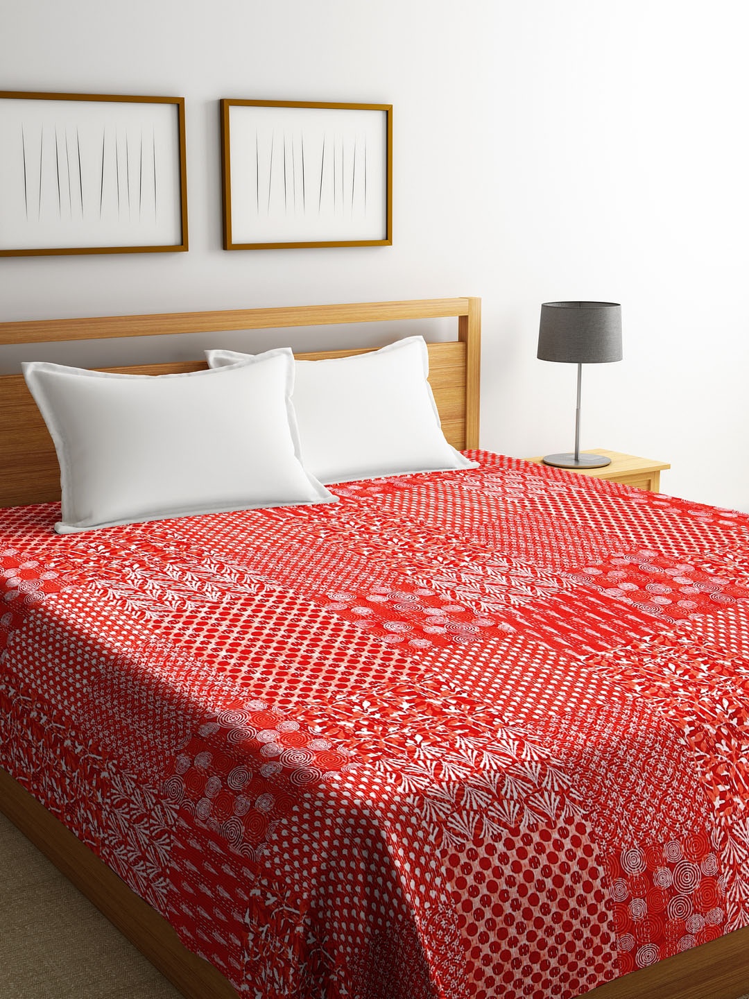 Rajasthan Decor Red Floral Screen Print Kantha Work Cotton Double Bed Cover