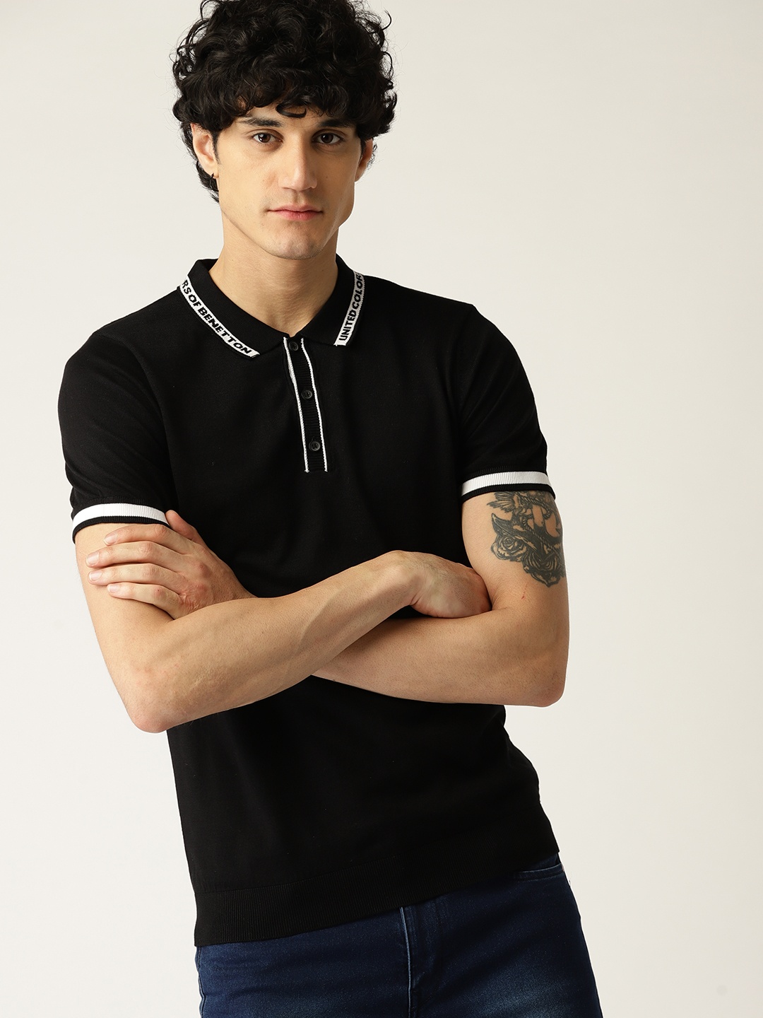 United Colors of Benetton Men Black Solid Polo Collar T-shirt