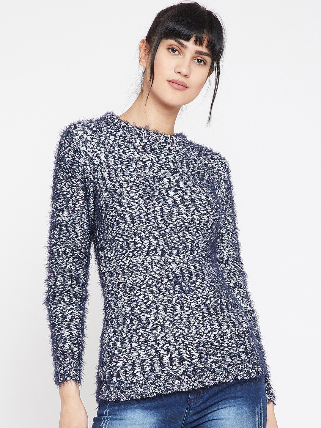 RARE Women White & Blue Solid Pullover