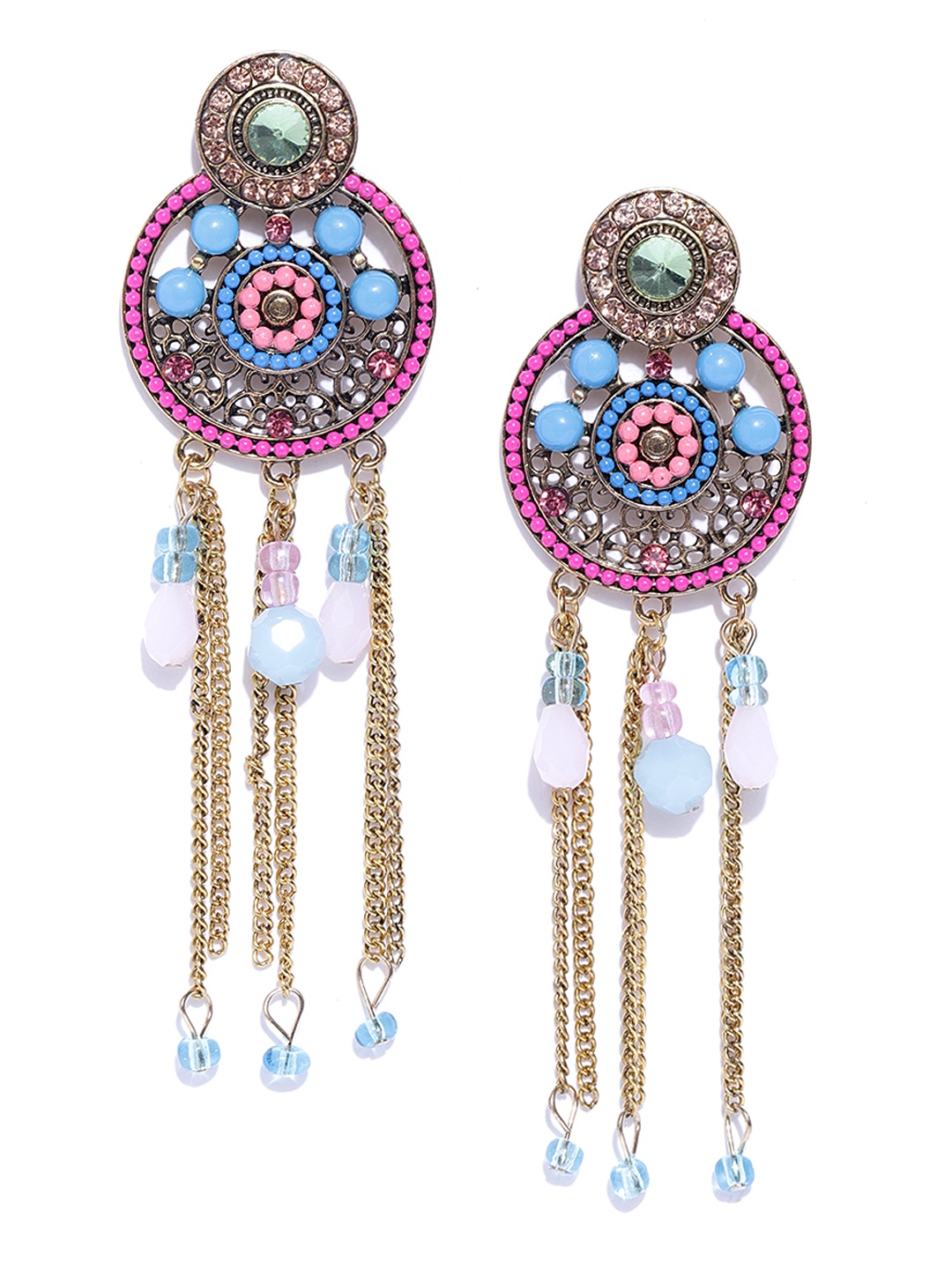 Jewels Galaxy Pink & Blue Antique Gold-Plated Beaded Handcrafted Circular Drop Earrings
Jewels Galaxy Pink & Blue Antique Gold-Plated Beaded Handcrafted Circular Drop Earrings