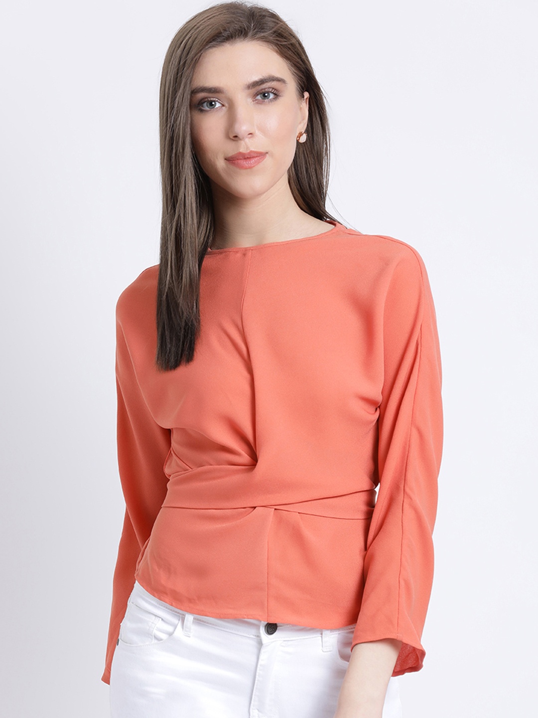 Kazo Women Orange Solid Cinched Waist Top