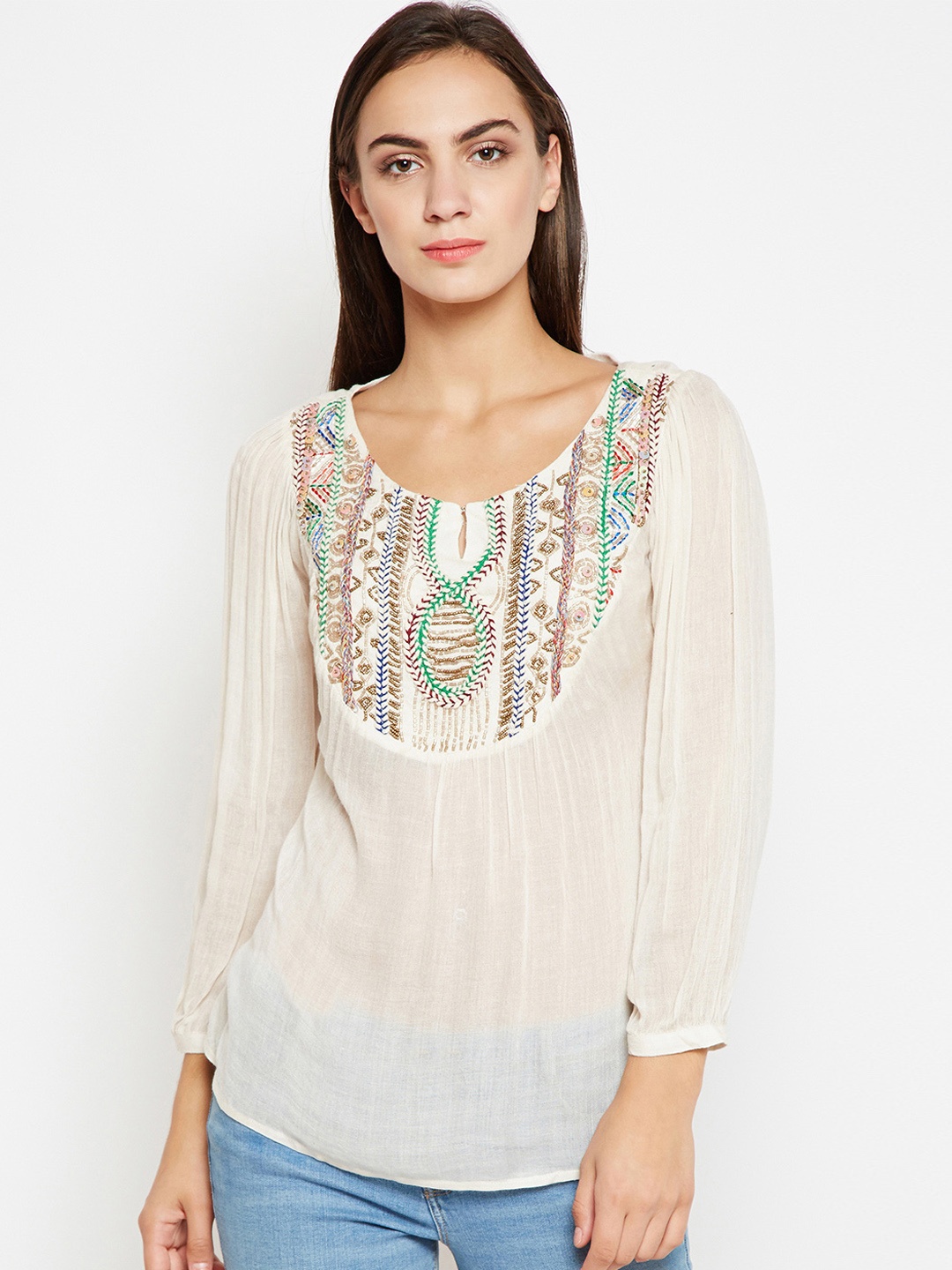 Oxolloxo Women Beige Embroidered Top