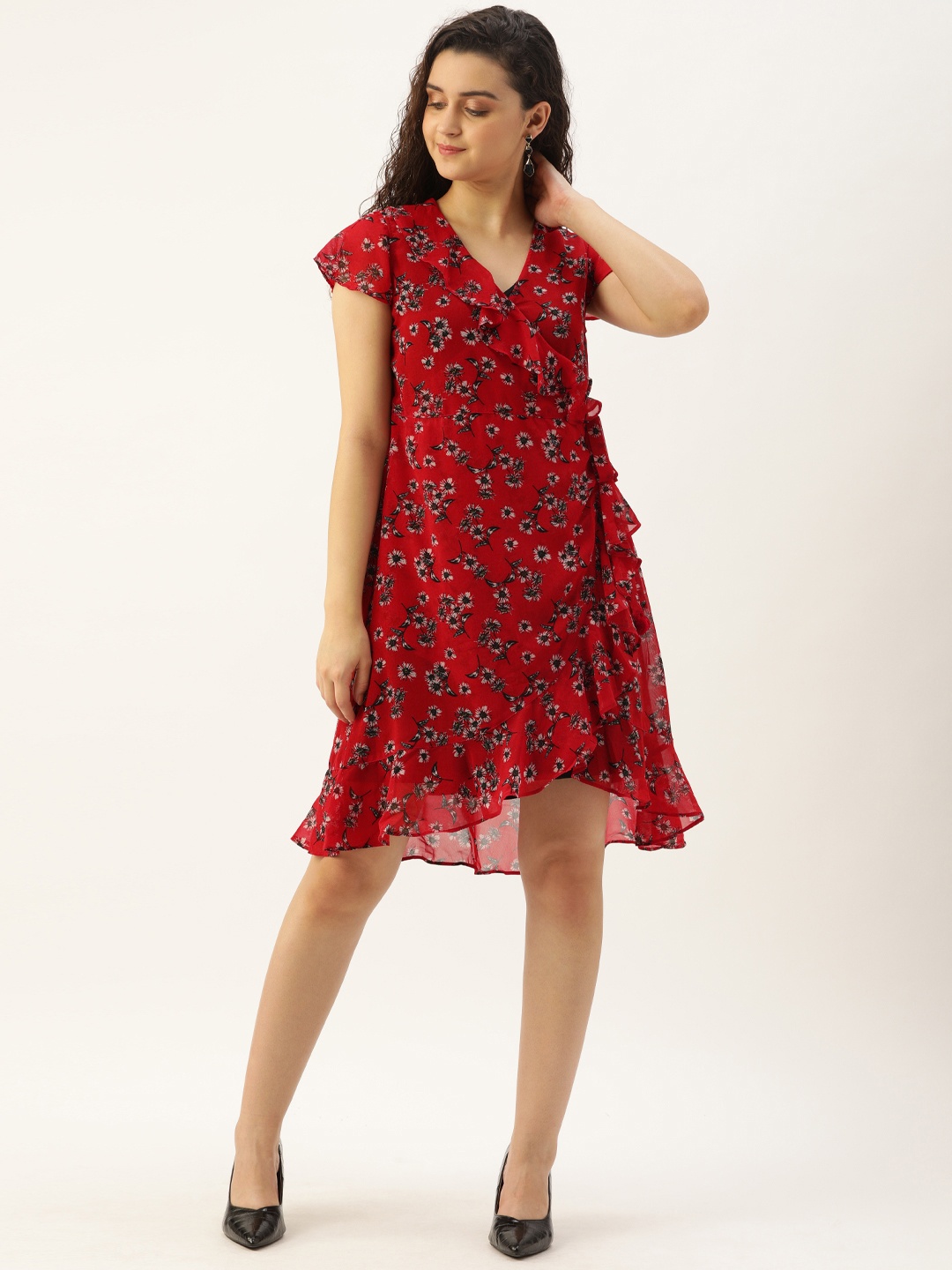 Antheaa Women Red Printed A-Line Dress