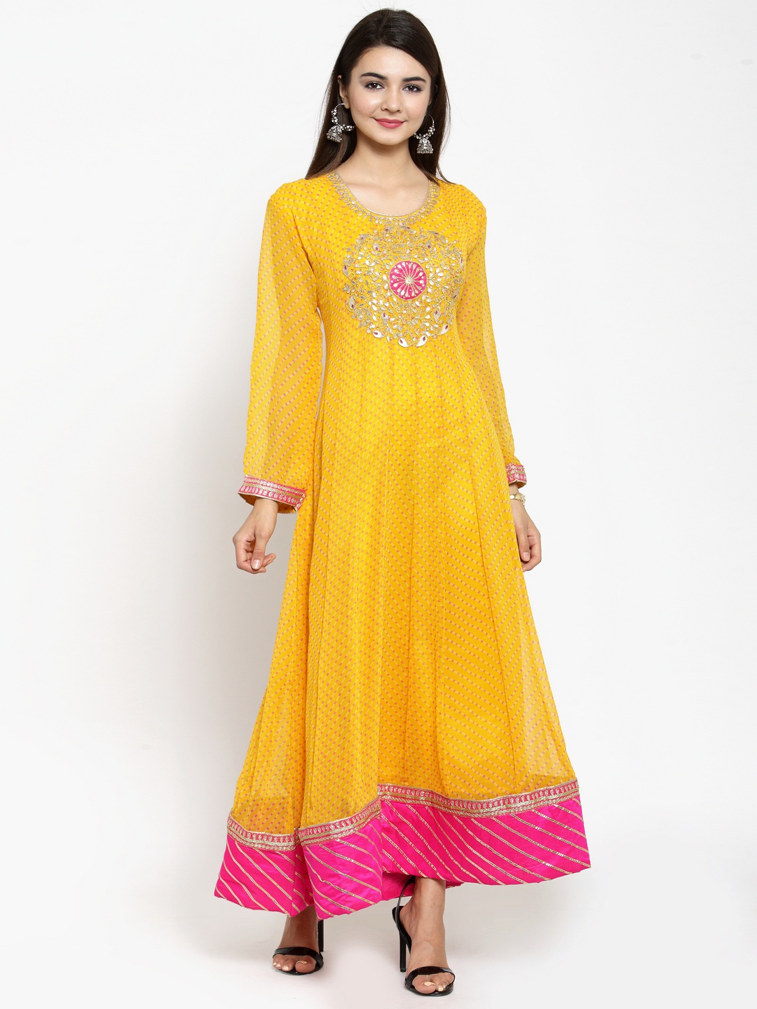 Geroo Jaipur Yellow Hand Embroidered Georgette Anarkali Kurta