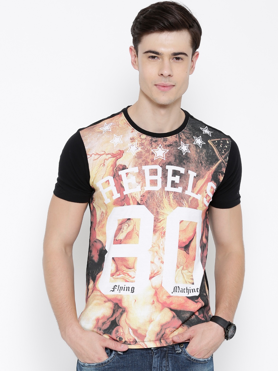 Flying Machine Black Printed Pure Cotton T-shirt