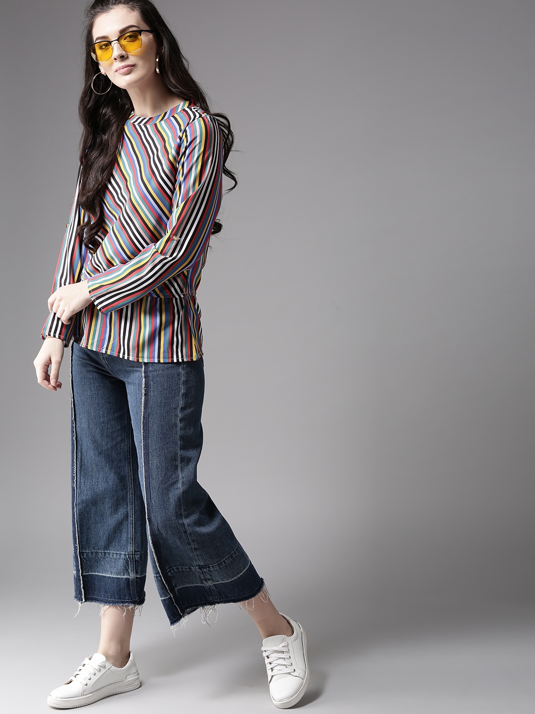 Moda Rapido Women Multicoloured Striped Cinched Waist Top, Multi