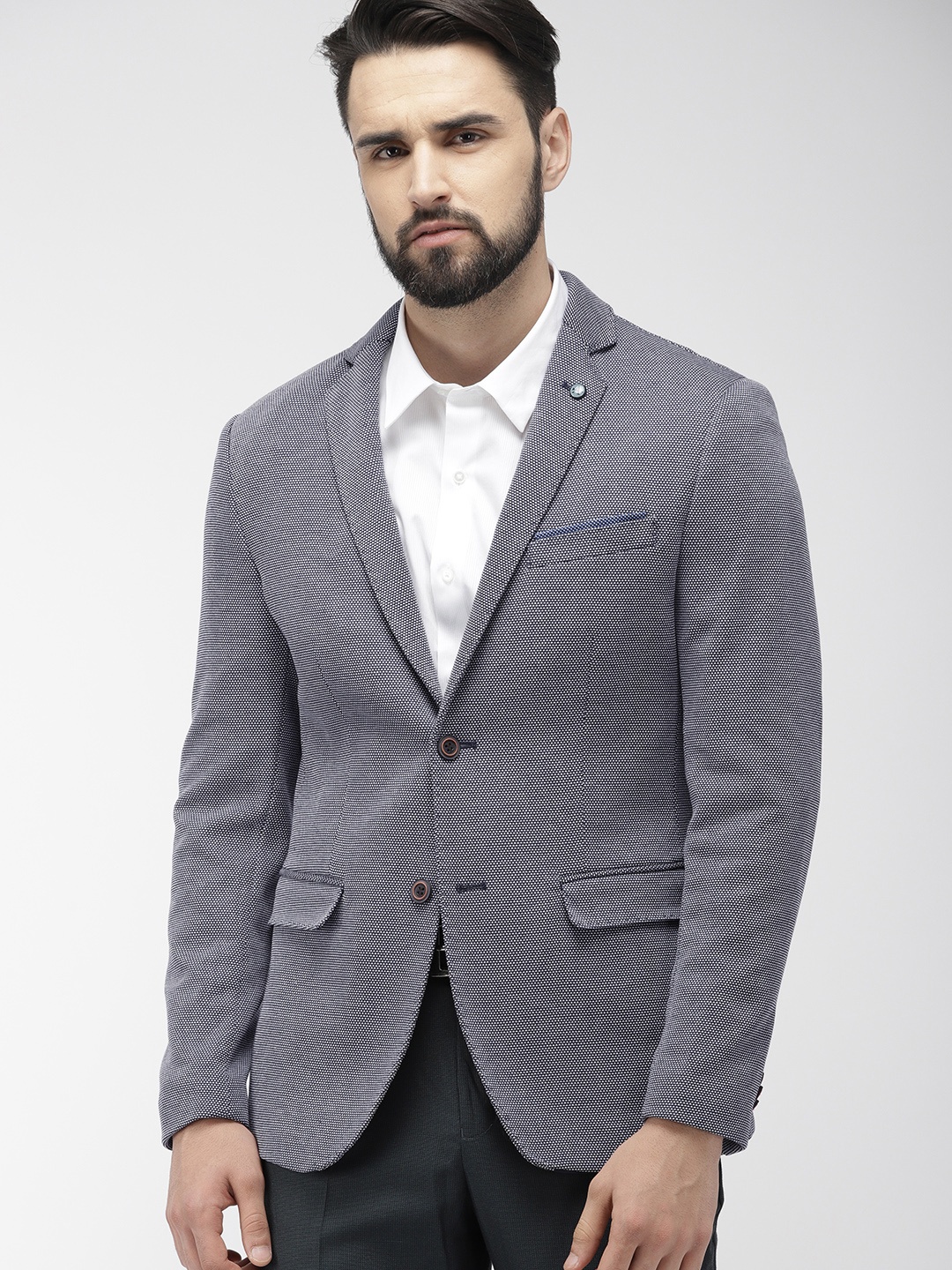 Arrow New York Men Navy Blue & White Self Design Zero Calorie Fit Single-Breasted Blazer