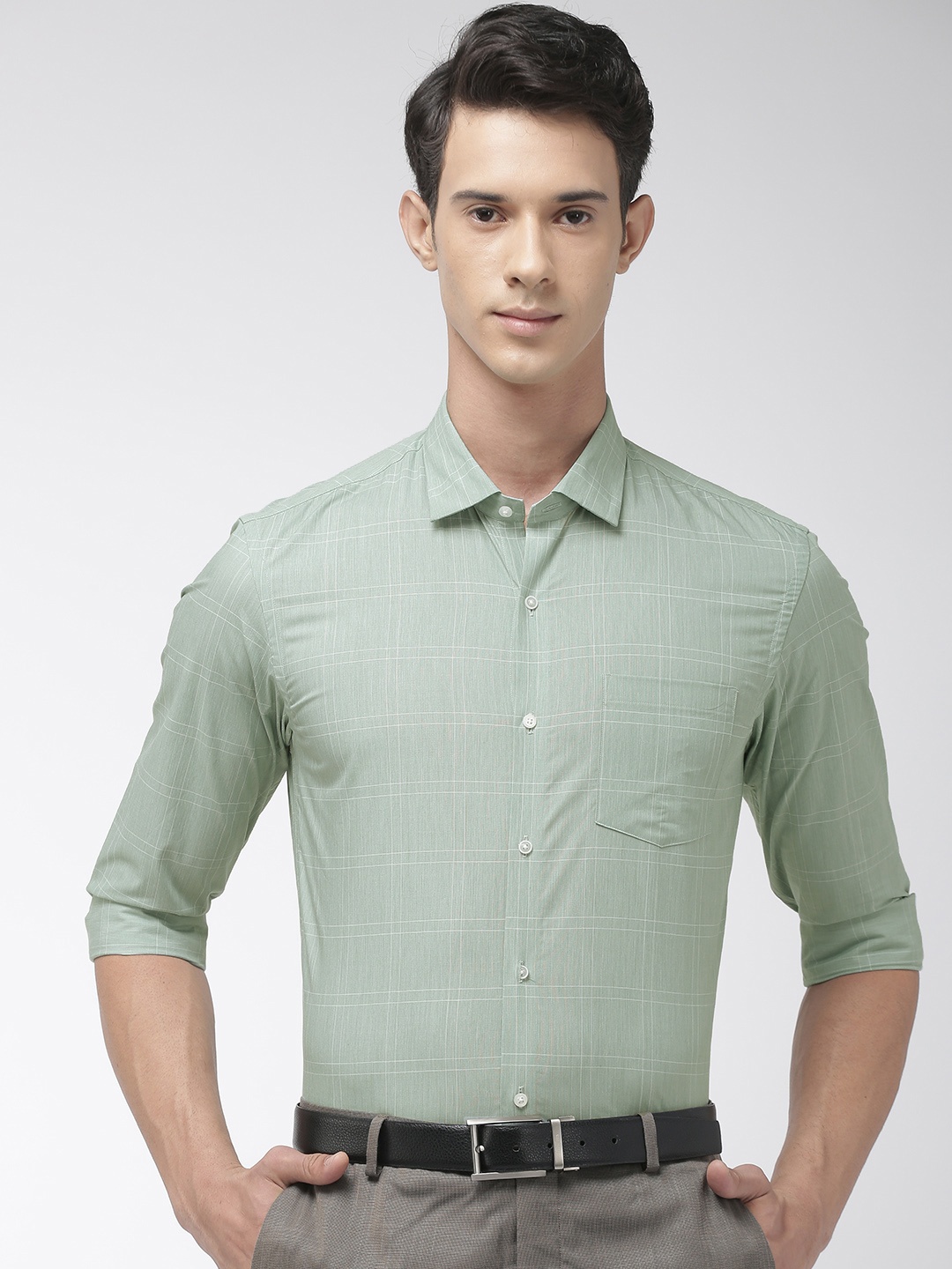 Arrow New York Men Green & White Slim Fit Checked Formal Shirt